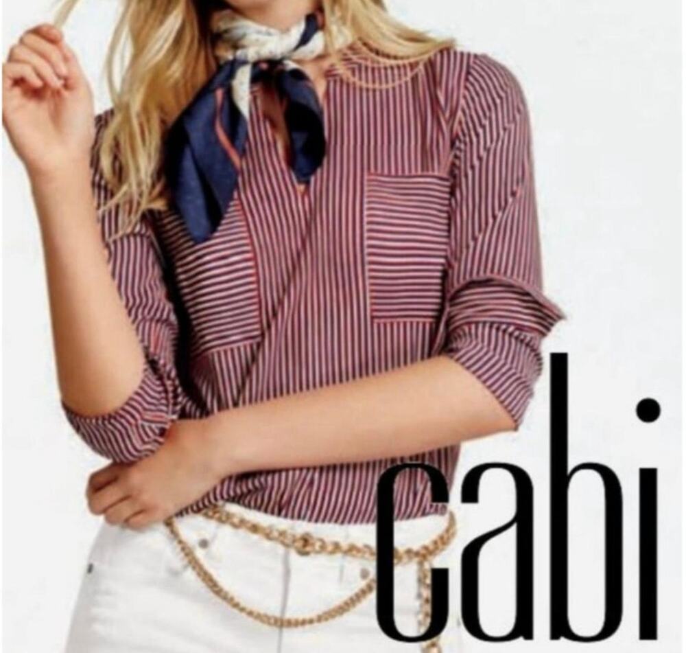 Cabi Regatta Shirt 5335 Red Navy White Striped Button V-Neck Blouse Small S